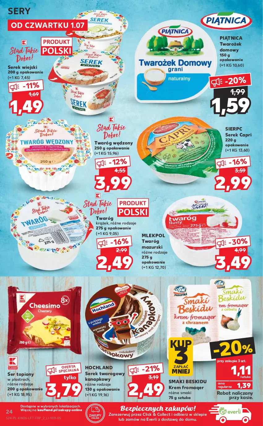 Gazetka promocyjna Kaufland - OFERTA TYGODNIA - ważna 01.07 do 07.07.2021 - strona 24 - produkty: Hochland, Piątnica, Piec, Ser, Ser topiony, Serek, Serek twarogowy, Serek wiejski, Top, Twaróg