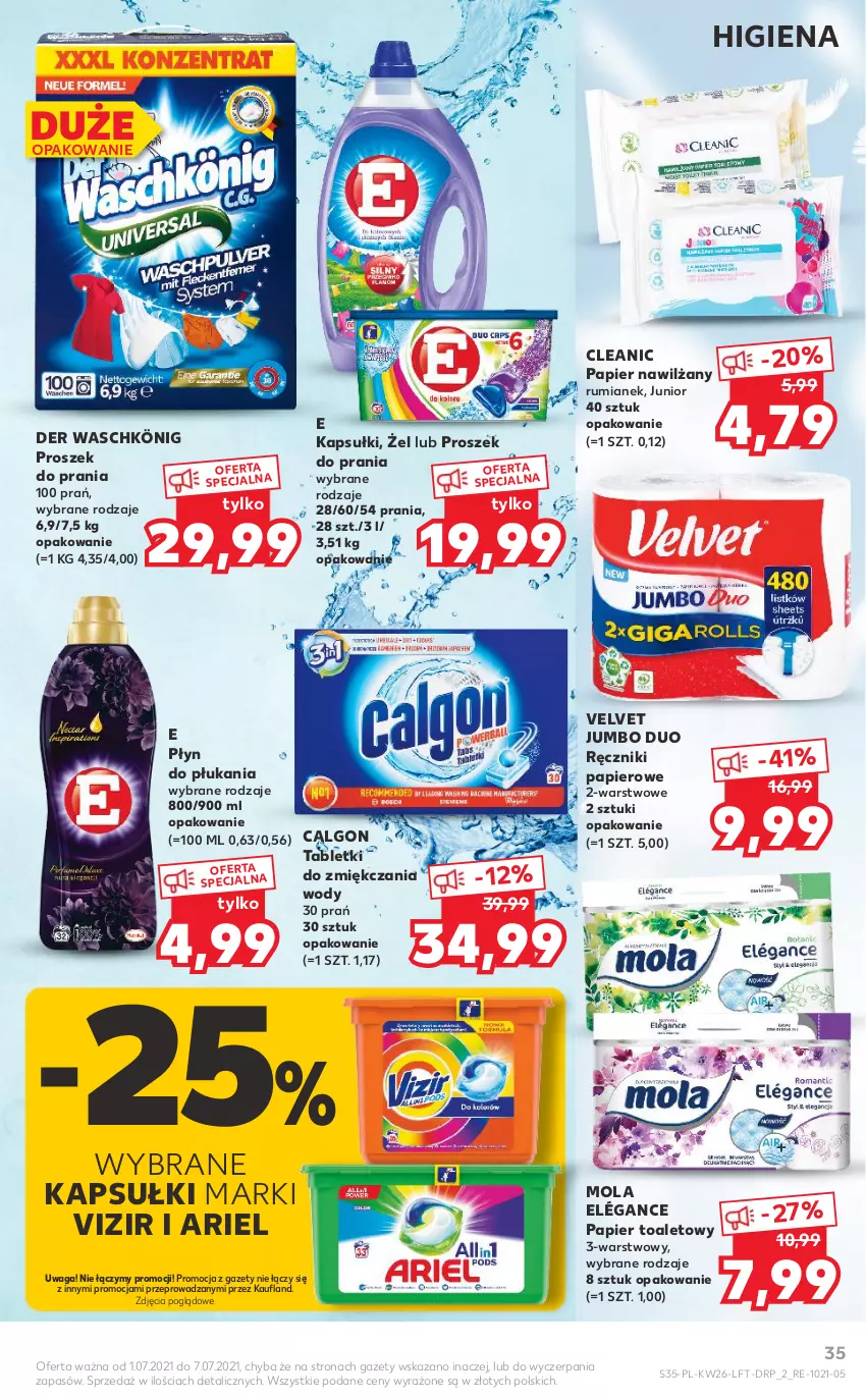 Gazetka promocyjna Kaufland - OFERTA TYGODNIA - ważna 01.07 do 07.07.2021 - strona 35 - produkty: Ariel, Calgon, Cleanic, König, LG, Mola, Papier, Papier toaletowy, Płyn do płukania, Proszek do prania, Ręcznik, Ręczniki papierowe, Rum, Tablet, Velvet, Vizir, Waga