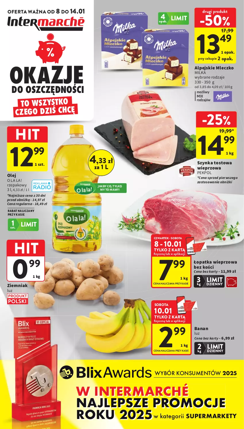 Gazetka promocyjna Intermarche - Gazetka Intermarche - ważna 08.01 do 14.01.2026 - strona 1 - produkty: Milka, Mleczko, Olej, Pekpol, Szynka