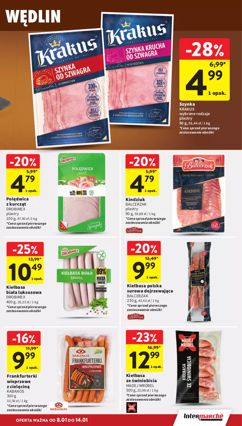 Gazetka promocyjna Intermarche - Gazetka Intermarche - ważna 08.01 do 14.01.2026 - strona 15 - produkty: BIC, Drobimex, Frankfurterki, Kabanos, Kiełbasa, Kiełbasa biała, Kindziuk, Krakus, Madej Wróbel, Polędwica, Szynka