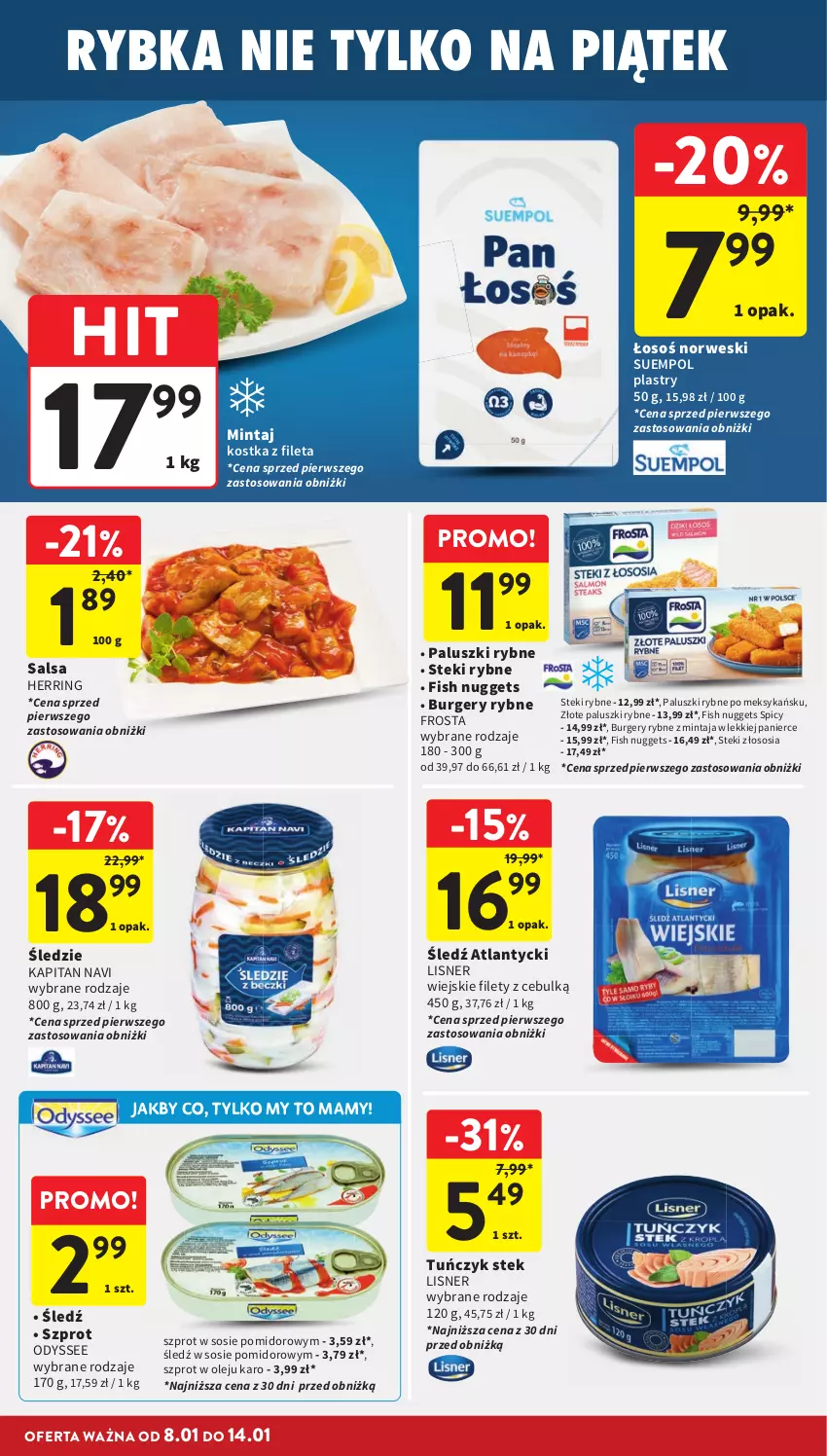 Gazetka promocyjna Intermarche - Gazetka Intermarche - ważna 08.01 do 14.01.2026 - strona 22 - produkty: Burger, Frosta, Lisner, Mintaj, Olej, Paluszki rybne, Salsa, Sos, Stek, Suempol, Szprot, Szprot w sosie, Tuńczyk