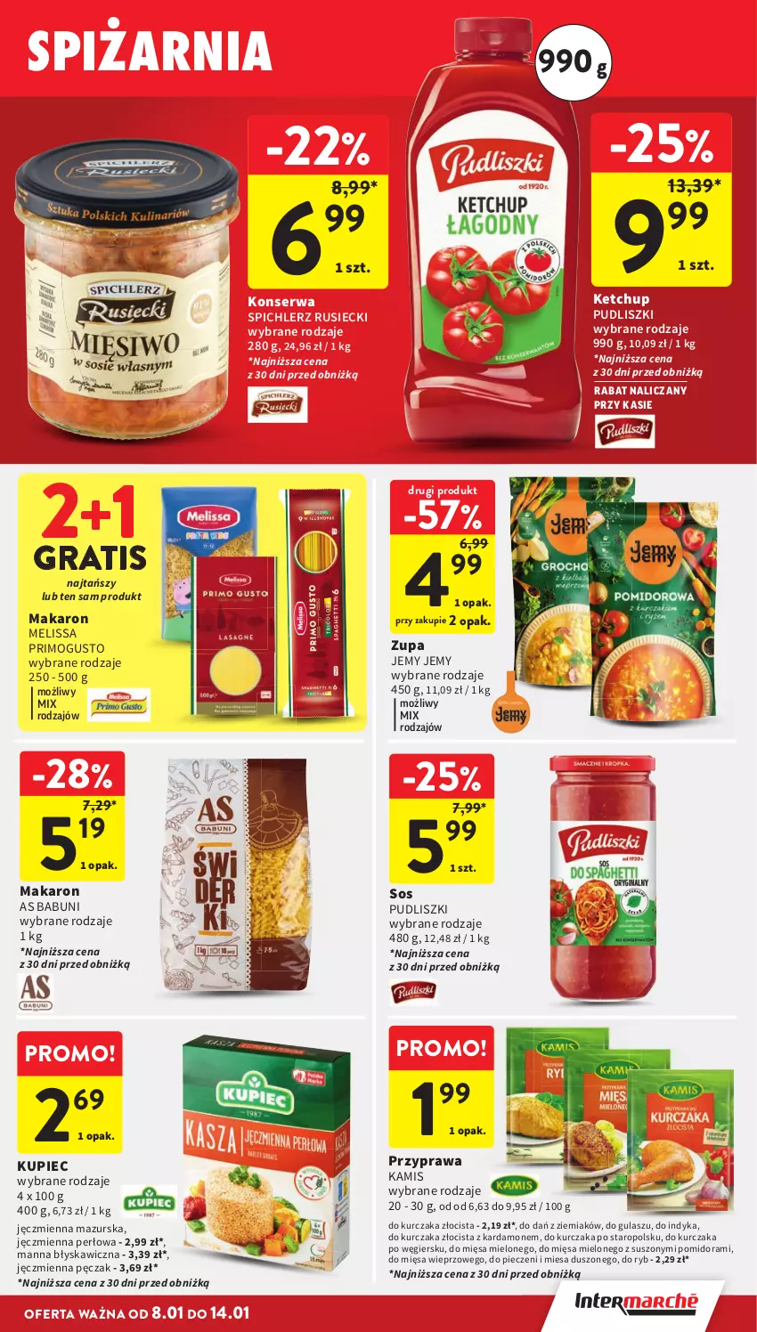 Gazetka promocyjna Intermarche - Gazetka Intermarche - ważna 08.01 do 14.01.2026 - strona 25 - produkty: Babuni, Gra, Kamis, Ketchup, Kupiec, Kurczak, Makaron, Piec, Pudliszki, Ser, Sos, Spichlerz Rusiecki, Zupa
