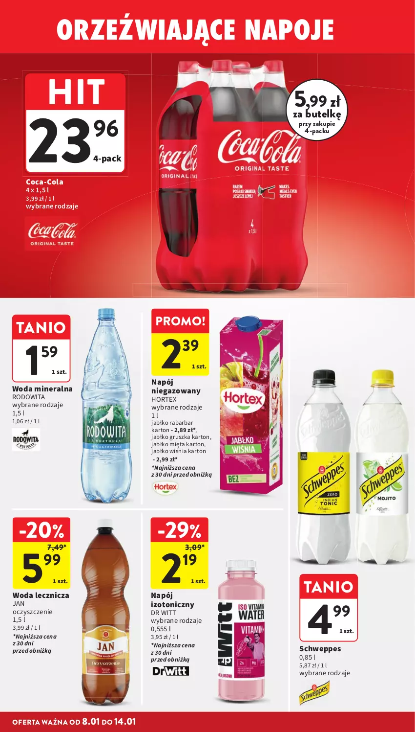 Gazetka promocyjna Intermarche - Gazetka Intermarche - ważna 08.01 do 14.01.2026 - strona 32 - produkty: Coca-Cola, Hortex, Mięta, Napój, Napój izotoniczny, Napój niegazowany, Schweppes, Woda, Woda mineralna, Znicz