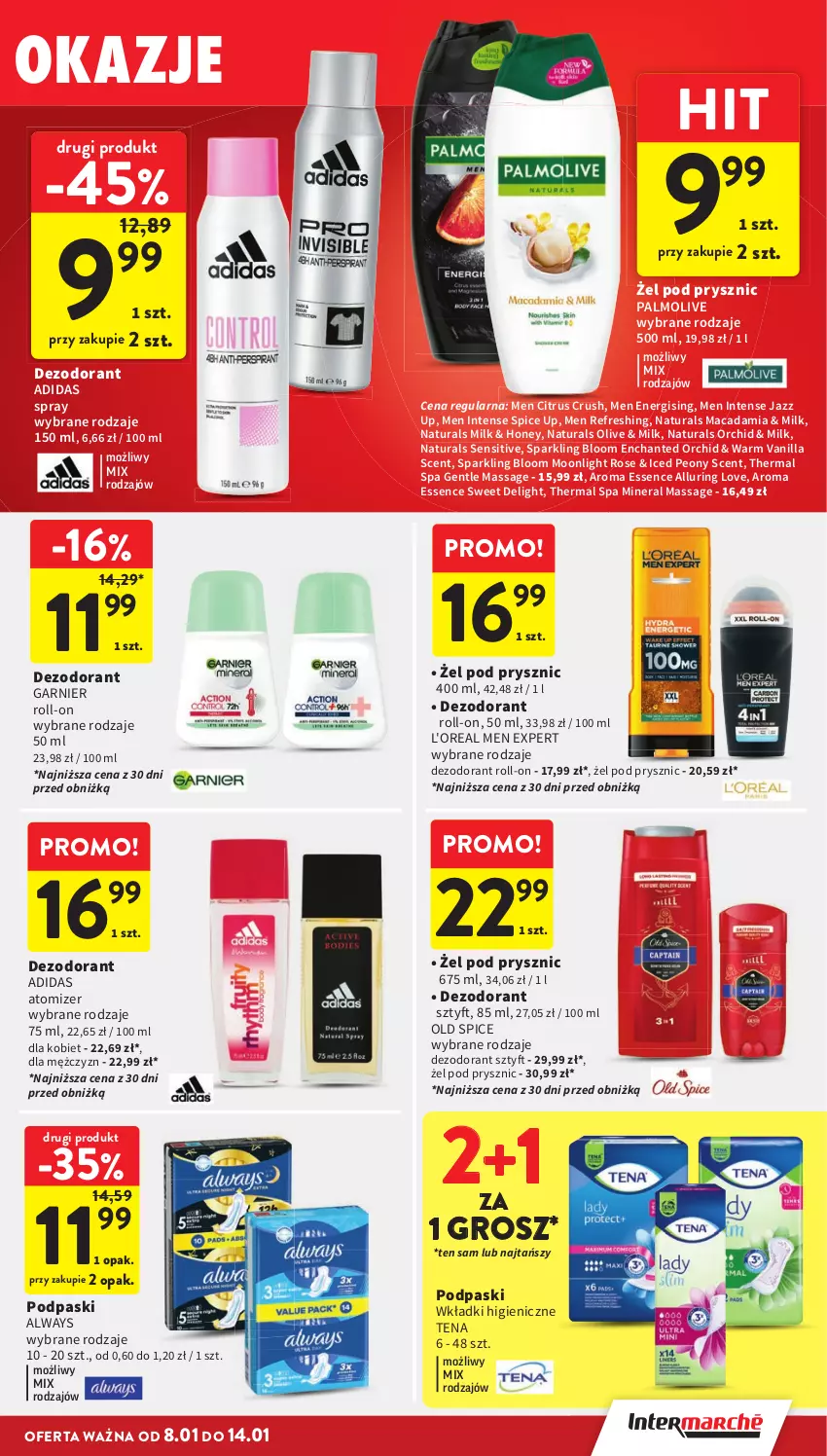 Gazetka promocyjna Intermarche - Gazetka Intermarche - ważna 08.01 do 14.01.2026 - strona 37 - produkty: Adidas, Always, Dezodorant, Garnier, Old Spice, Palmolive, Podpaski, Wkładki
