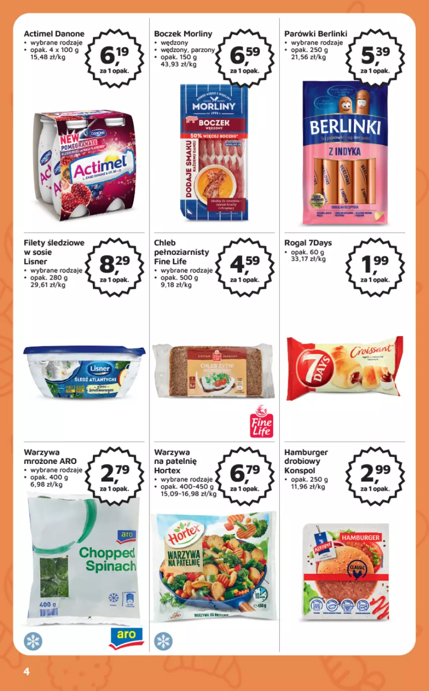 Gazetka promocyjna Odido - Gazetka - ważna 13.01 do 26.01.2023 - strona 4 - produkty: Actimel, Berlinki, Boczek, Burger, Chleb, Danone, Hamburger, Hortex, Lisner, Morliny, Parówki, Rogal, Sos, Warzywa