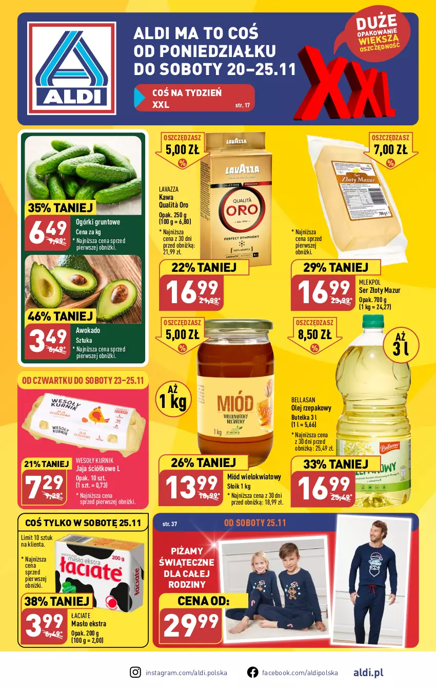 Gazetka promocyjna Aldi - Pełna oferta - ważna 20.11 do 25.11.2023 - strona 1 - produkty: Bell, Bella, Fa, Gra, Grunt, Jaja, Kawa, Lavazza, Masło, Miód, Olej, Olej rzepakowy, Ser, Złoty Mazur