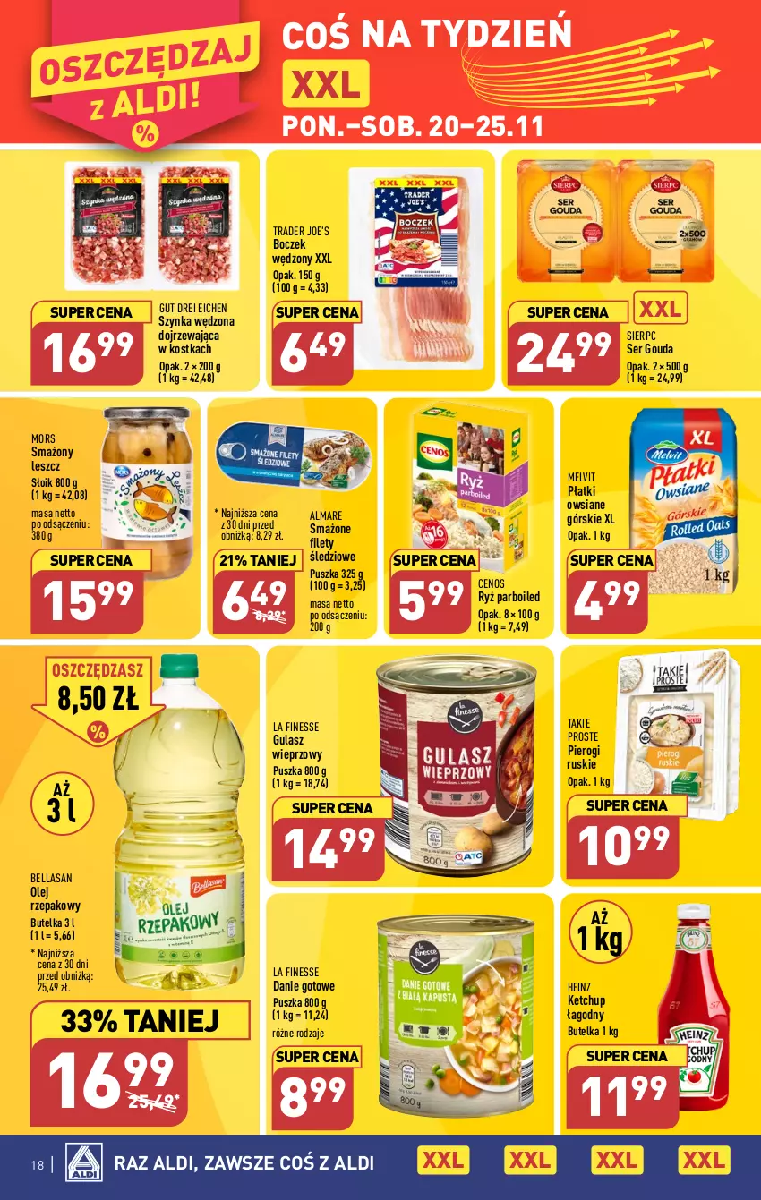 Gazetka promocyjna Aldi - Pełna oferta - ważna 20.11 do 25.11.2023 - strona 18 - produkty: Bell, Bella, Boczek, Cenos, Danie gotowe, Gouda, Heinz, Ketchup, Melvit, Olej, Olej rzepakowy, Pierogi, Płatki owsiane, Ryż, Ryż parboiled, Ser, Szynka