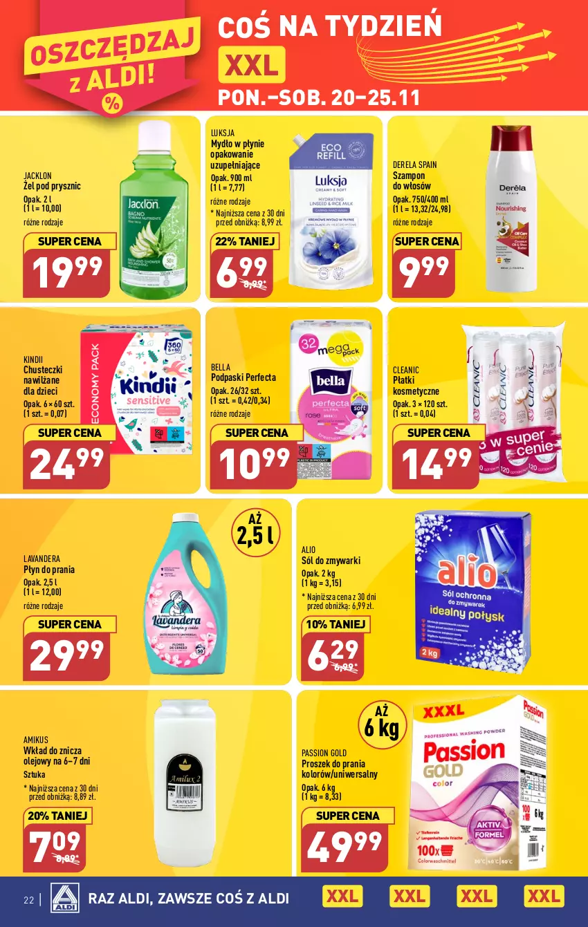 Gazetka promocyjna Aldi - Pełna oferta - ważna 20.11 do 25.11.2023 - strona 22 - produkty: Bell, Bella, Chusteczki, Cleanic, Dzieci, Kindii, Luksja, Mydło, Mydło w płynie, Olej, Perfecta, Płatki kosmetyczne, Płyn do prania, Podpaski, Proszek do prania, Sól, Szampon, Zmywarki, Znicz