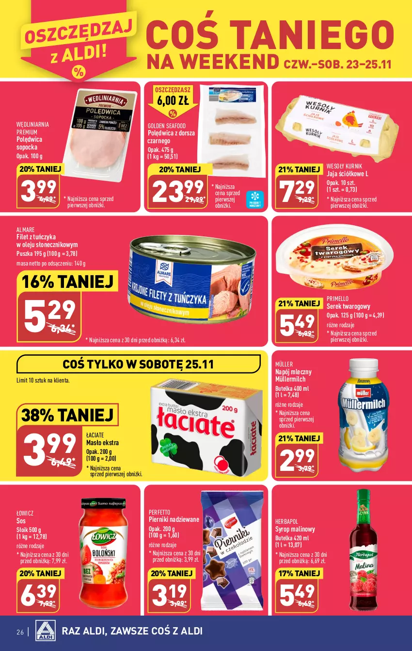 Gazetka promocyjna Aldi - Pełna oferta - ważna 20.11 do 25.11.2023 - strona 26 - produkty: Dorsz, Golden Seafood, Herbapol, Jaja, Masło, Müller, Müllermilch, Napój, Napój mleczny, Olej, Piernik, Polędwica, Ser, Serek, Serek twarogowy, Sos, Syrop, Tuńczyk