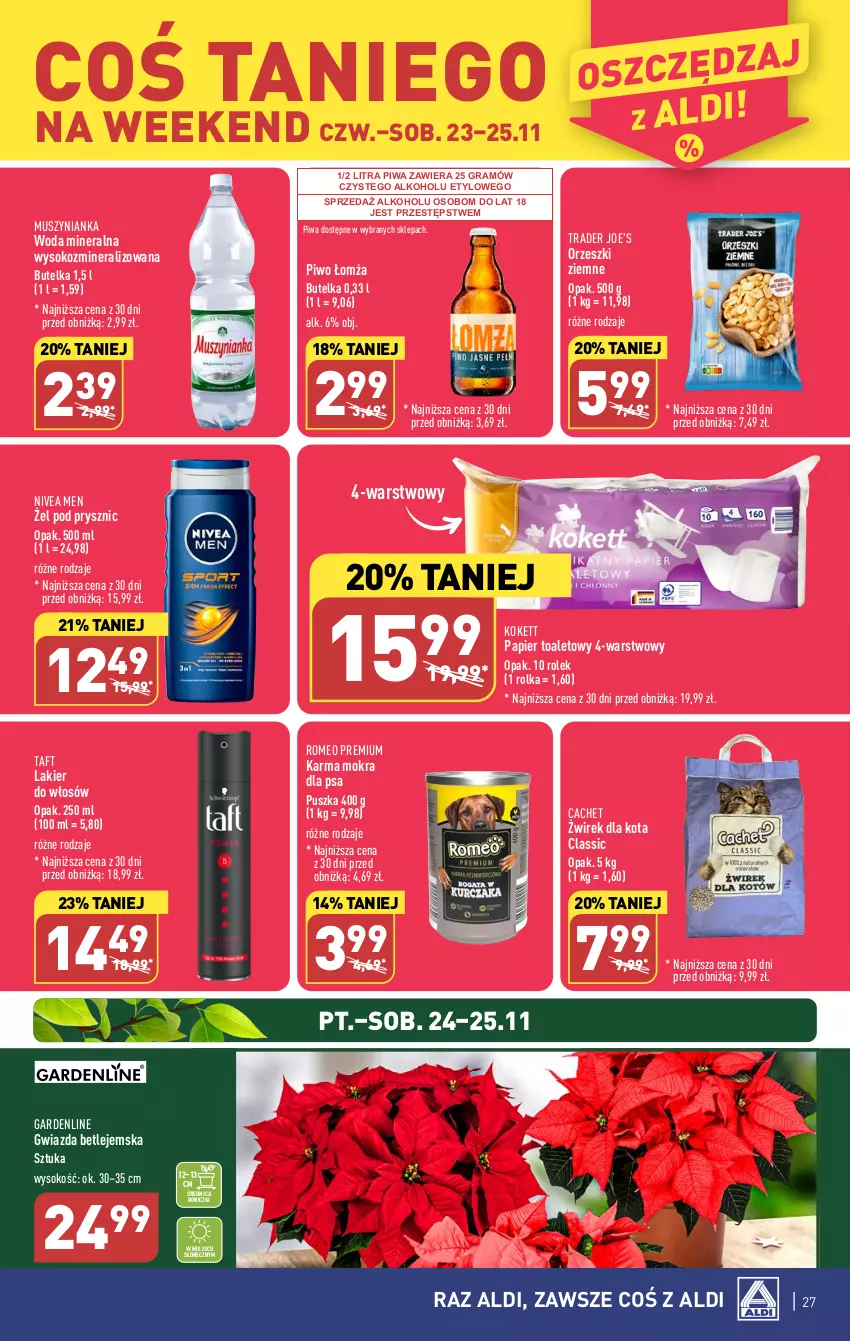 Gazetka promocyjna Aldi - Pełna oferta - ważna 20.11 do 25.11.2023 - strona 27 - produkty: Gra, Gwiazda, Lakier, Lakier do włosów, Mus, Muszynianka, Nivea, Nivea Men, Orzeszki, Orzeszki ziemne, Papier, Papier toaletowy, Piwa, Piwo, Sok, Taft, Woda, Woda mineralna