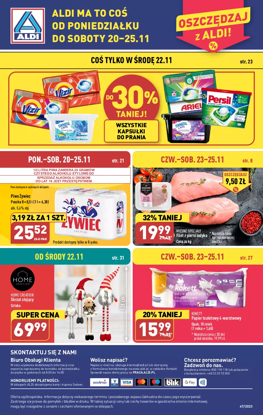 Gazetka promocyjna Aldi - Pełna oferta - ważna 20.11 do 25.11.2023 - strona 40 - produkty: Biuro, Filet z piersi indyka, Gra, Kapsułki do prania, Mięsne specjały, O nas, Papier, Papier toaletowy, Piwa, Piwo, Por, Skrzat