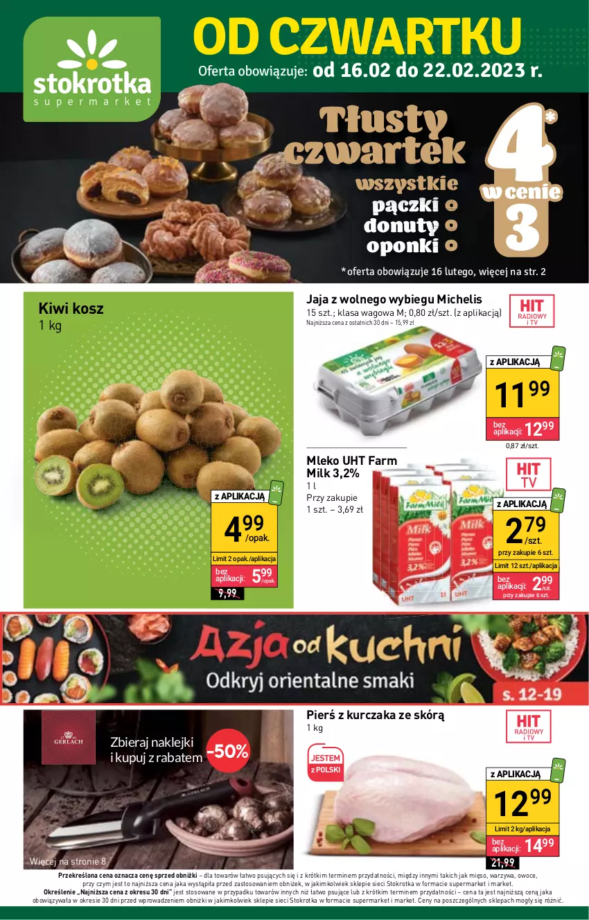 Gazetka promocyjna Stokrotka - Supermarket - ważna 16.02 do 22.02.2023 - strona 1 - produkty: Donut, Fa, Farm Milk, Jaja, Jaja z wolnego wybiegu, Kiwi, Klej, Kosz, Kurczak, Mięso, Mleko, Nuty, Owoce, Warzywa