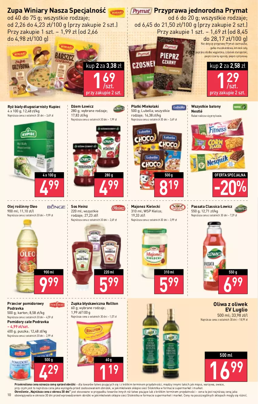 Gazetka promocyjna Stokrotka - Supermarket - ważna 16.02 do 22.02.2023 - strona 10 - produkty: Baton, Bell, Bella, Czosnek, Dżem, Gałka, Heinz, Kminek, Kminek cały, Kupiec, Lubella, Majonez, Mięso, Mleko, Mus, Nestlé, Olej, Olej roślinny, Oleo, Oliwa z oliwek, Owoce, Papryka, Papryka słodka, Piec, Pieprz, Podravka, Pomidory, Prymat, Przyprawy, Ryż, Ryż biały, Sos, Warzywa, Winiary, Zupa