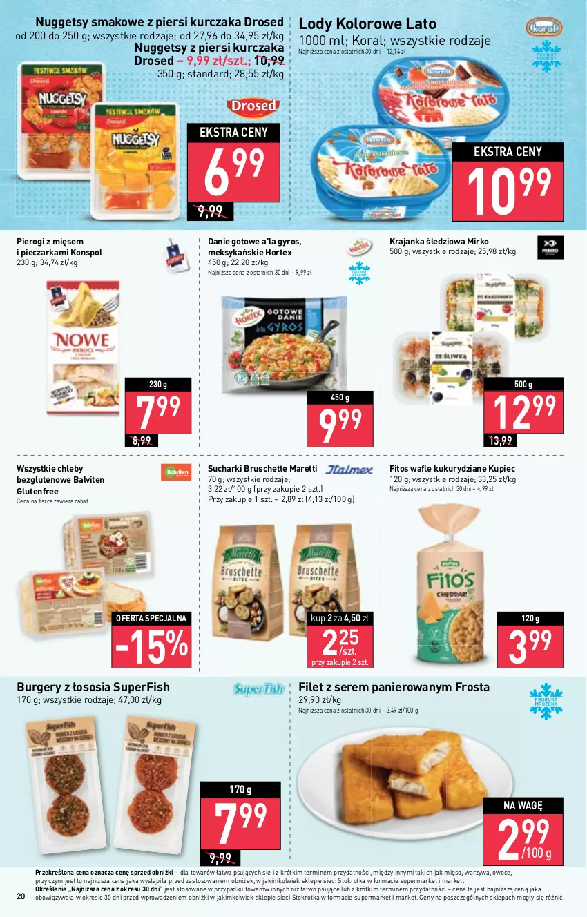 Gazetka promocyjna Stokrotka - Supermarket - ważna 16.02 do 22.02.2023 - strona 20 - produkty: Bruschette, Burger, Chleb, Danie gotowe, Frosta, Gyros, Hortex, Krajanka śledziowa, Kupiec, Kurczak, Lody, Mięso, Owoce, Piec, Pieczarka, Pierogi, Ser, Sos, Wafle, Warzywa