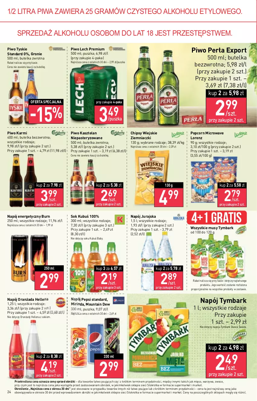 Gazetka promocyjna Stokrotka - Supermarket - ważna 16.02 do 22.02.2023 - strona 24 - produkty: Chipsy, Gra, Hellena, Karmi, Kasztelan, Kubuś, Lech Premium, Lorenz, Mięso, Mirinda, Mus, Napój, Napój energetyczny, Oranżada, Owoce, Pepsi, Perła, Piwa, Piwo, Popcorn, Por, Sok, Tymbark, Tyskie, Warzywa