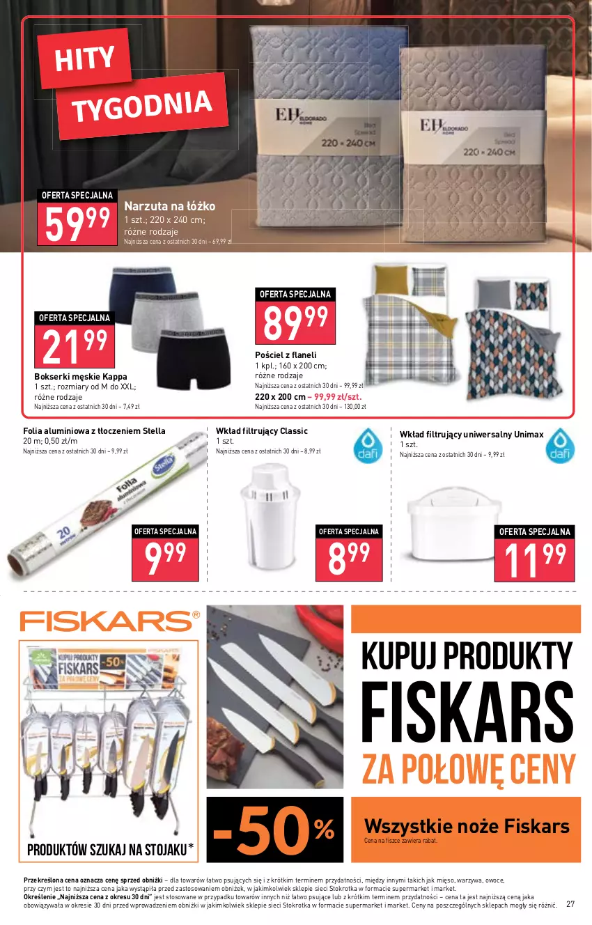 Gazetka promocyjna Stokrotka - Supermarket - ważna 16.02 do 22.02.2023 - strona 27 - produkty: Bokserki, Fiskars, Folia aluminiowa, Mięso, Narzuta, Noż, Owoce, Pościel, Ser, Stojak, Warzywa, Wkład filtrujący