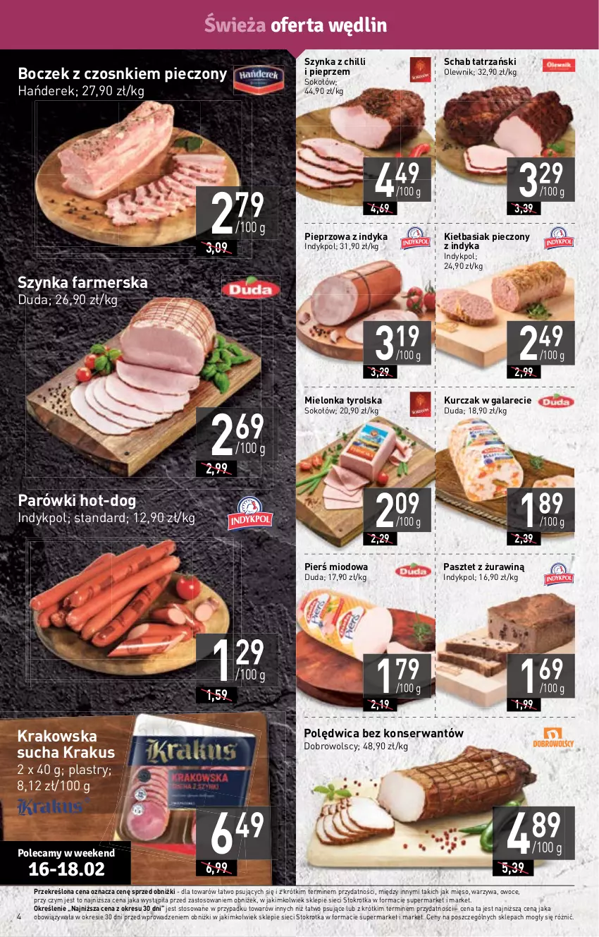 Gazetka promocyjna Stokrotka - Supermarket - ważna 16.02 do 22.02.2023 - strona 4 - produkty: Basia, Boczek, Duda, Fa, Gala, Krakus, Kurczak, Mielonka tyrolska, Mięso, Olewnik, Owoce, Parówki, Pasztet, Piec, Pieprz, Polędwica, Ser, Sok, Sokołów, Szynka, Szynka farmerska, Warzywa