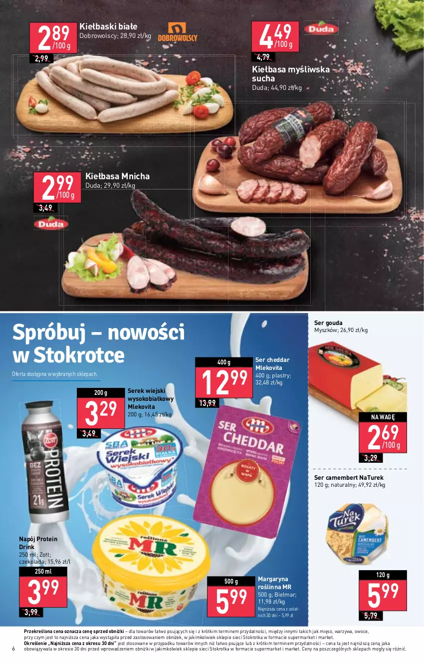 Gazetka promocyjna Stokrotka - Supermarket - ważna 16.02 do 22.02.2023 - strona 6 - produkty: Camembert, Cheddar, Czekolada, Duda, Gouda, Kiełbasa, Kiełbaski białe, Margaryna, Mięso, Mleko, Mlekovita, Mysz, Napój, NaTurek, Owoce, Ser, Serek, Serek wiejski, Sok, Warzywa, Zott