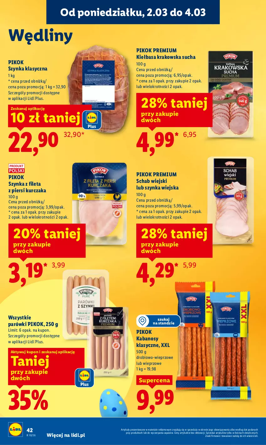 Gazetka promocyjna Lidl - Oferta ważna od 2.03 do 4.03 - ważna 02.03 do 04.03.2026 - strona 42 - produkty: Kabanos, Kiełbasa, Kiełbasa krakowska, Kurczak, Parówki, PIKOK, Szynka