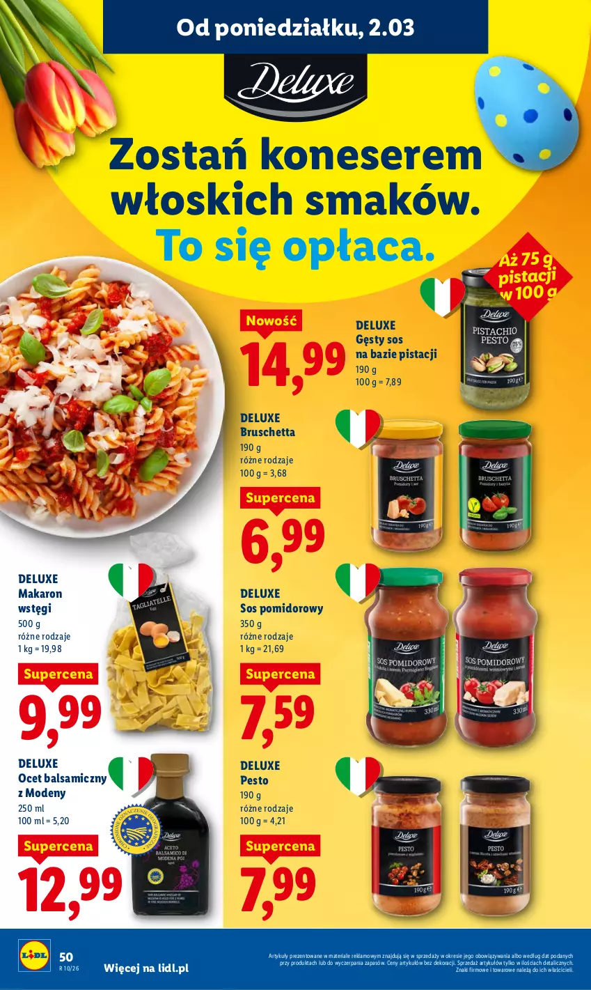Gazetka promocyjna Lidl - Oferta ważna od 2.03 do 4.03 - ważna 02.03 do 04.03.2026 - strona 50 - produkty: Makaron, Ocet, Ocet balsamiczny, Pesto, Ser, Sos, Sos pomidorowy