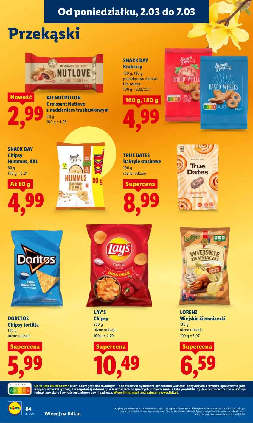 Gazetka promocyjna Lidl - Oferta ważna od 2.03 do 4.03 - ważna 02.03 do 04.03.2026 - strona 64 - produkty: Chipsy, Croissant, Daktyle, Hummus, Krakersy, Lay’s, Lorenz, Mus, Tortilla