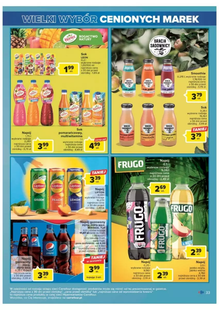 Gazetka promocyjna Carrefour - ważna 01.08 do 12.08.2023 - strona 27 - produkty: 7up, Kosz, Lipton, Mięta, Mirinda, Napój, Napój gazowany, Pepsi, Pepsi max, Smoothie, Sok