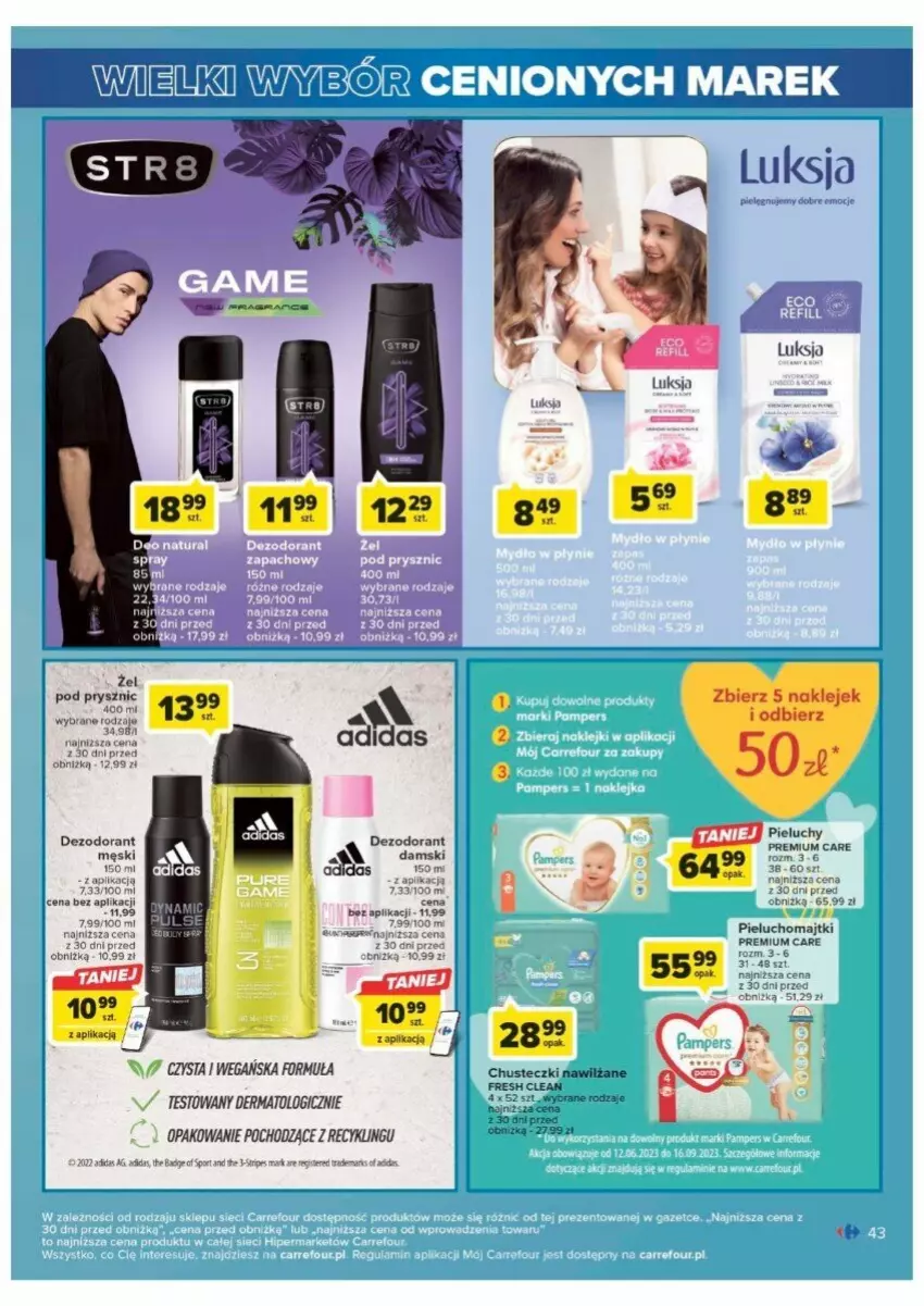 Gazetka promocyjna Carrefour - ważna 01.08 do 12.08.2023 - strona 38 - produkty: Chusteczki, Dezodorant, Fa, Luksja, Majtki, Pieluchomajtki, Pieluchy