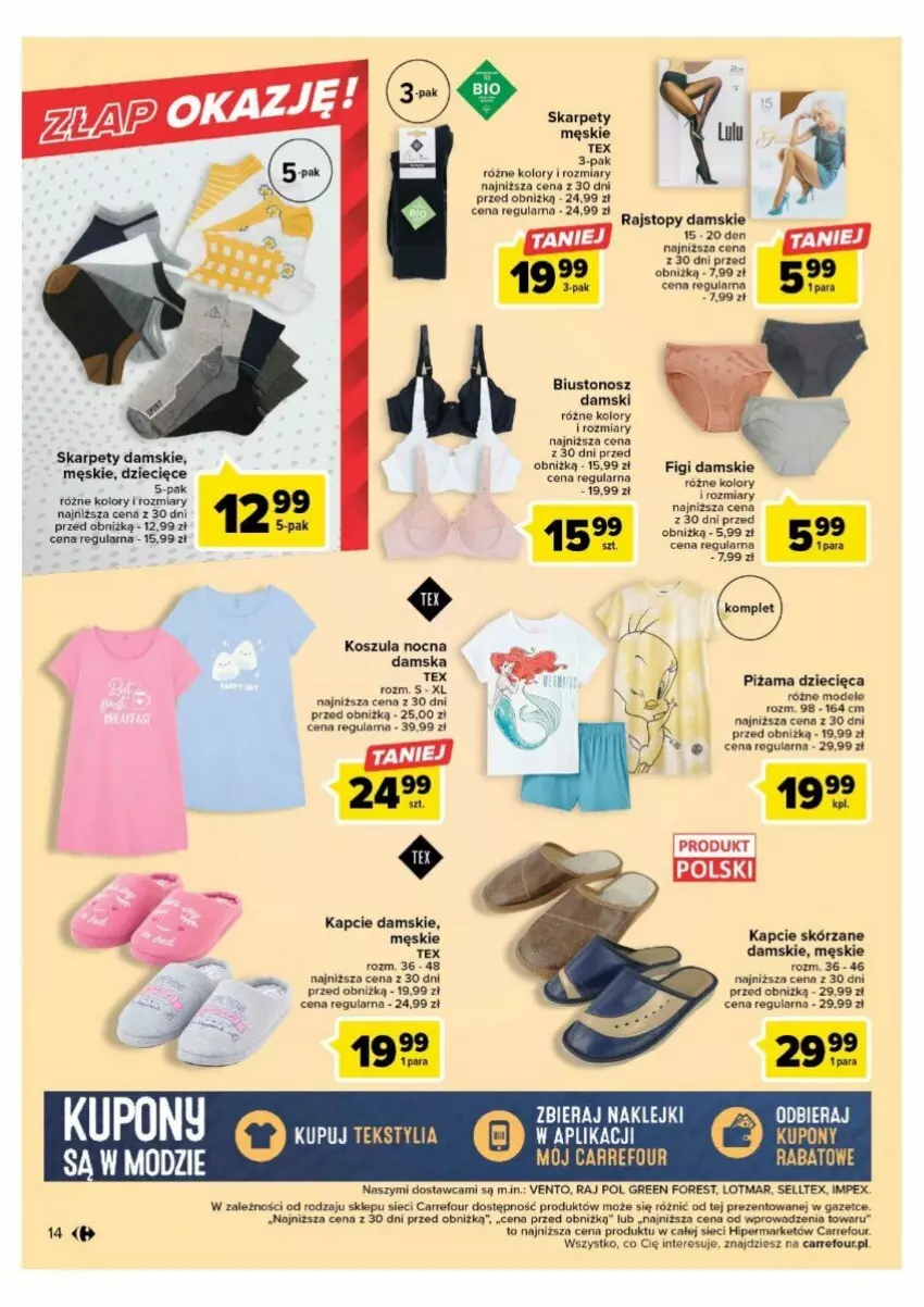 Gazetka promocyjna Carrefour - ważna 01.08 do 12.08.2023 - strona 6 - produkty: Biustonosz, Dzieci, Figi, Kapcie, Karp, Klej, Kosz, Koszula, Koszula nocna, Piżama, Rajstopy, Top