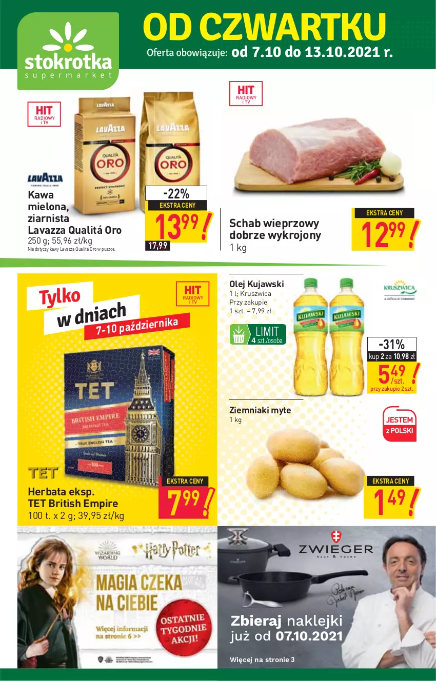 Gazetka promocyjna Stokrotka - Supermarket - ważna 07.10 do 13.10.2021 - strona 1 - produkty: Brit, Herbata, Kawa, Kawa mielona, Kujawski, Lavazza, Olej, Schab wieprzowy, Ziemniaki