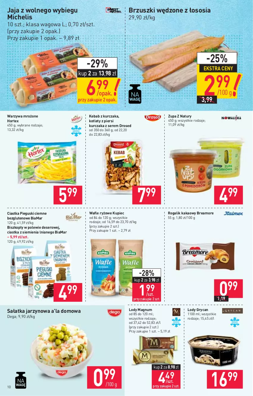 Gazetka promocyjna Stokrotka - Supermarket - ważna 07.10 do 13.10.2021 - strona 10 - produkty: Biszkopty, Ciastka, Dega, Deser, Gry, Hortex, Jaja, Jaja z wolnego wybiegu, Kakao, Kebab, Kebab z kurczaka, Kotlet, Kupiec, Kurczak, Lody, Piec, Rogal, Ryż, Sałat, Sałatka, Ser, Sos, Wafle, Warzywa, Zupa