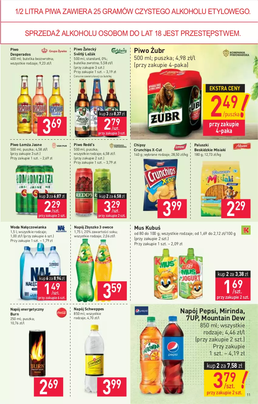 Gazetka promocyjna Stokrotka - Supermarket - ważna 07.10 do 13.10.2021 - strona 11 - produkty: 7up, Beskidzki, Chipsy, Crunchips, Desperados, Gra, Kubuś, Mirinda, Mus, Nałęczowianka, Napój, Napój energetyczny, Owoce, Pepsi, Piwa, Piwo, Schweppes, Sok, Woda