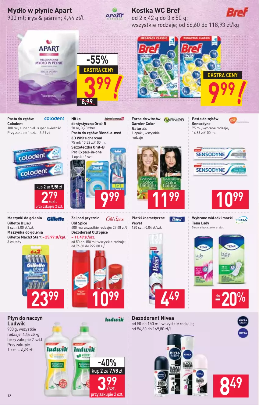 Gazetka promocyjna Stokrotka - Supermarket - ważna 07.10 do 13.10.2021 - strona 12 - produkty: Blend-a-Med, Bref, Dezodorant, Fa, Farba do włosów, Garnier, Gillette, Ludwik, Mach3, Maszynka, Maszynka do golenia, Mydło, Mydło w płynie, Nivea, Old Spice, Pasta do zębów, Płatki kosmetyczne, Sensodyne, Szczoteczka, Szynka, Velvet, Wkładki