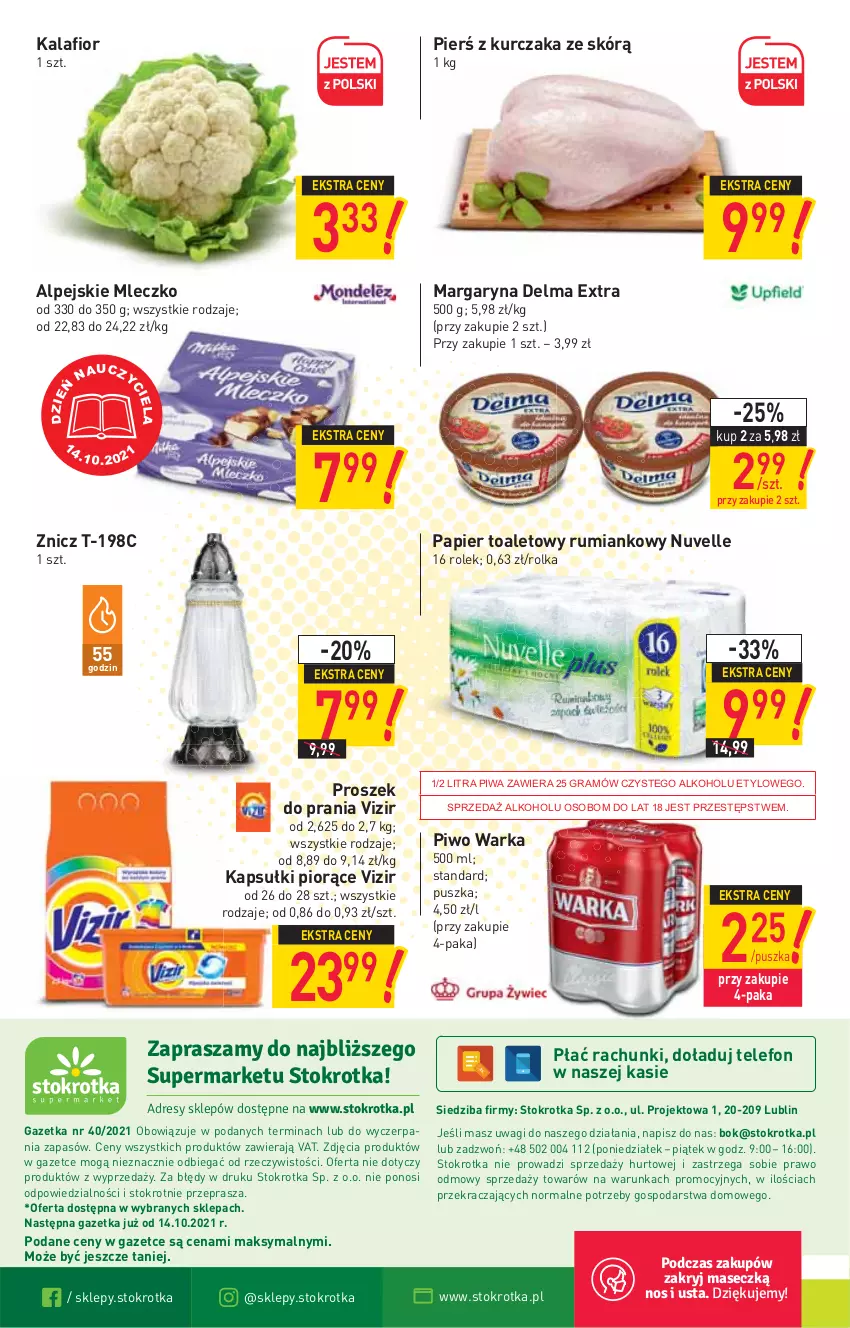 Gazetka promocyjna Stokrotka - Supermarket - ważna 07.10 do 13.10.2021 - strona 16 - produkty: Delma, Gra, Kalafior, Kurczak, Margaryna, Mleczko, O nas, Papier, Papier toaletowy, Piwa, Piwo, Proszek do prania, Rum, Telefon, Vizir, Wagi, Warka, Znicz