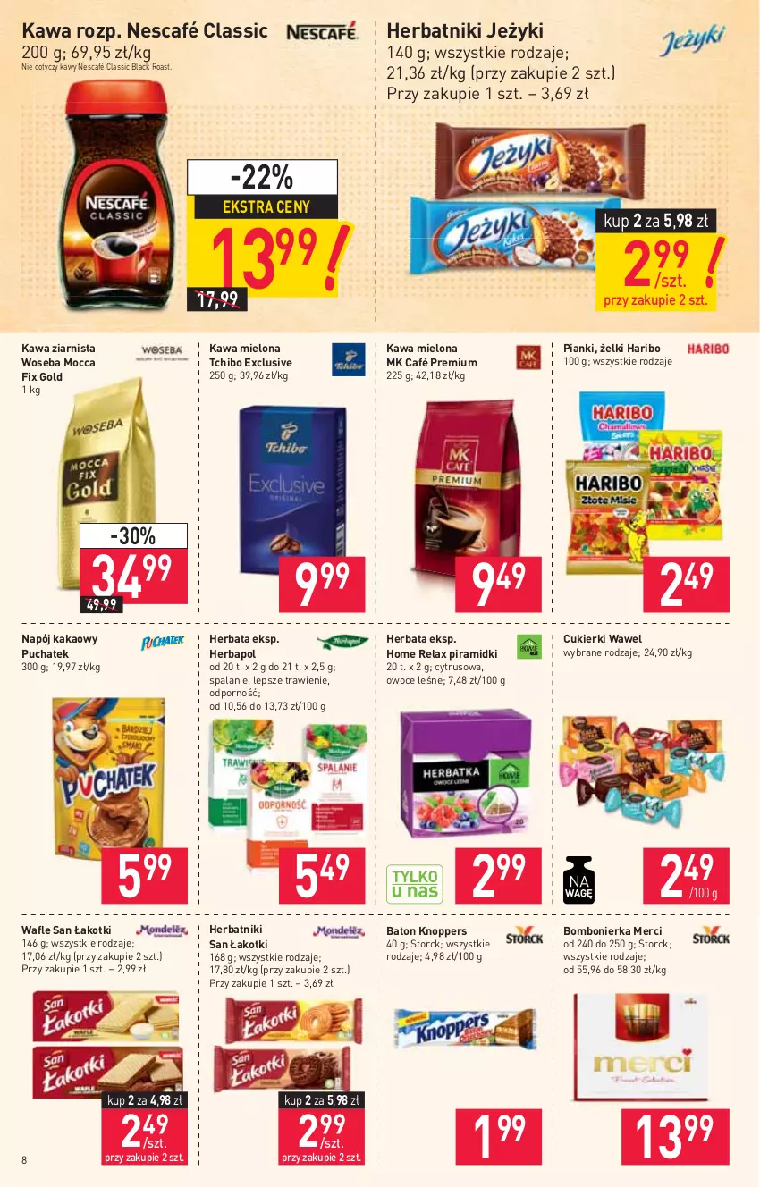 Gazetka promocyjna Stokrotka - Supermarket - ważna 07.10 do 13.10.2021 - strona 8 - produkty: Baton, Cukier, Cukierki, Haribo, Herbapol, Herbata, Herbatniki, Jeżyki, Kakao, Kawa, Kawa mielona, Kawa ziarnista, Knoppers, Lack, Merci, Mocca Fix Gold, Napój, Nescafé, Owoce, Por, Tchibo, Wafle, Wawel, Woseba