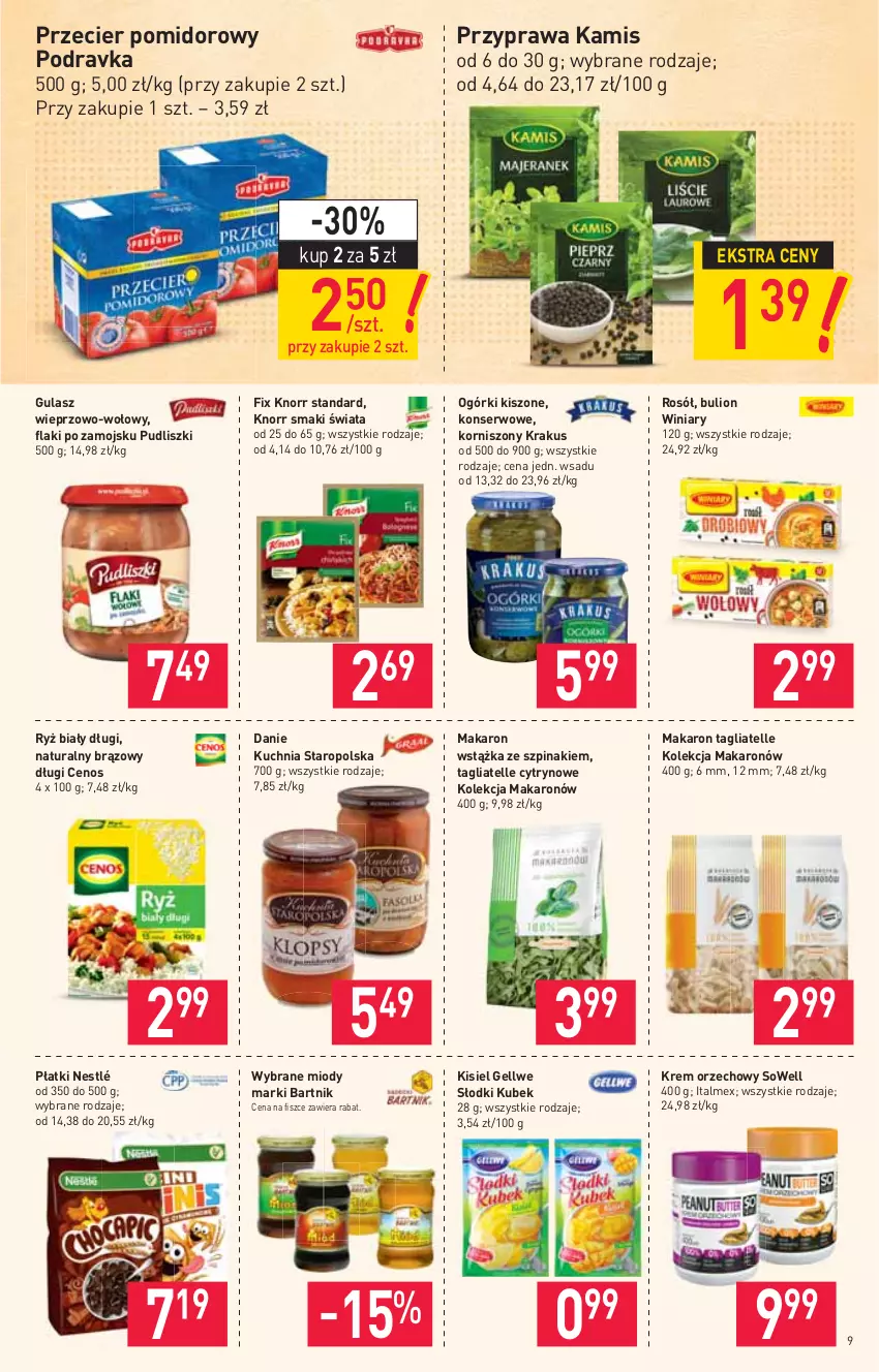 Gazetka promocyjna Stokrotka - Supermarket - ważna 07.10 do 13.10.2021 - strona 9 - produkty: Bulion, Cenos, Flaki, Flaki po zamojsku, Kamis, Kisiel, Knorr, Korniszony, Krakus, Krem orzechowy, Kubek, Kuchnia, Kuchnia Staropolska, Lion, Makaron, Nestlé, Podravka, Pudliszki, Rosół, Ryż, Ryż biały, Ser, Szpinak, Tagliatelle, Winiary, Wstążka