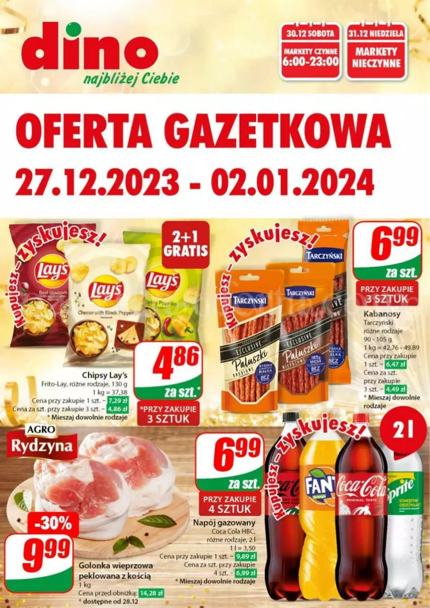 Gazetka promocyjna Dino - ważna 27.12.2023 do 02.01.2024 - strona 1 - produkty: Chipsy, Golonka wieprzowa, JBL, Kabanos, Napój, Tarczyński