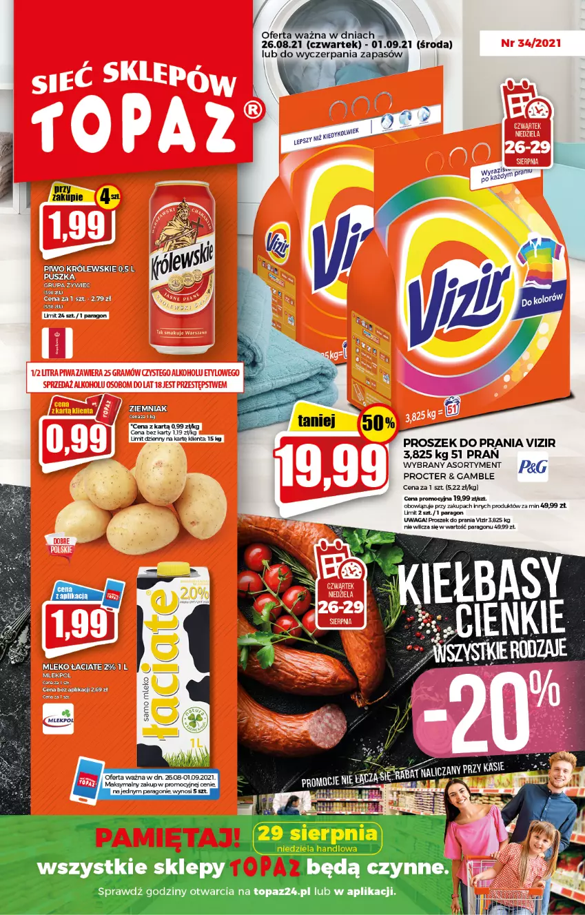 Gazetka promocyjna Topaz - Gazetka - ważna 26.08 do 01.09.2021 - strona 1 - produkty: HP, Mięta, Mleko, Proszek do prania, Top, Vizir, Waga