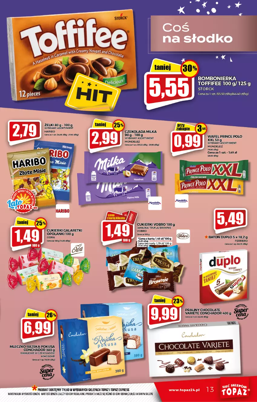 Gazetka promocyjna Topaz - Gazetka - ważna 26.08 do 01.09.2021 - strona 13 - produkty: Baton, Brownie, Cukier, Cukierki, Czekolada, Ferrero, Gala, Galaretki, Haribo, Kokos, Lanki, Milka, Mleczko, Praliny, Prince Polo, Sok, Toffifee, Top