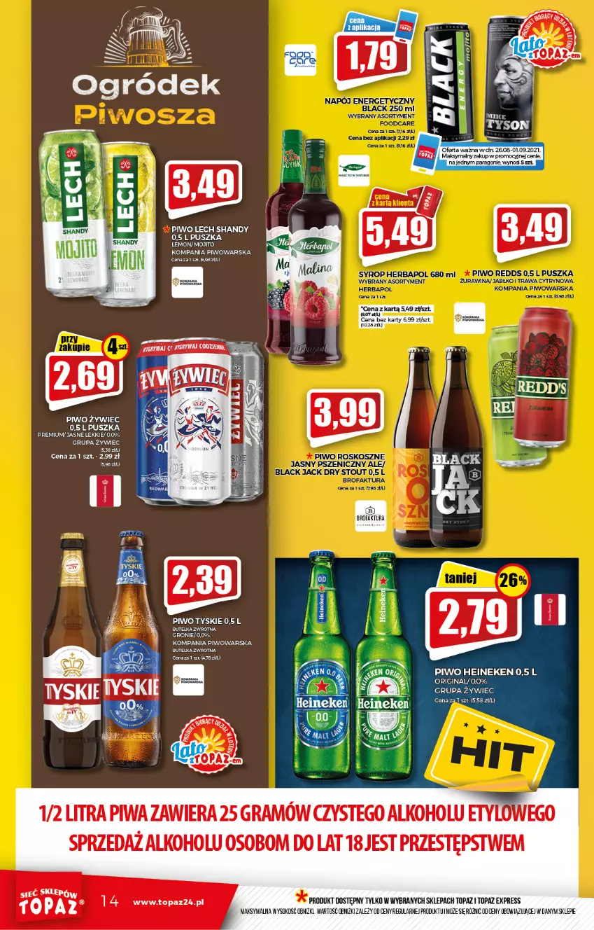 Gazetka promocyjna Topaz - Gazetka - ważna 26.08 do 01.09.2021 - strona 14 - produkty: Fa, Gin, Gra, Heineken, Piwa, Piwo, Sok, Top, Tyskie