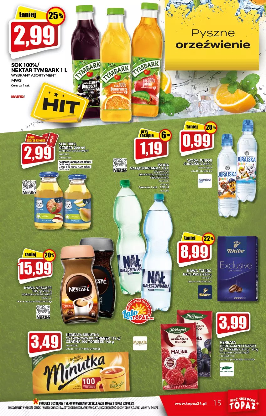 Gazetka promocyjna Topaz - Gazetka - ważna 26.08 do 01.09.2021 - strona 15 - produkty: Gerber, Herbapol, Herbata, Kawa, Nałęczowianka, Nektar, Ogród, Sok, Tchibo, Top, Tymbark