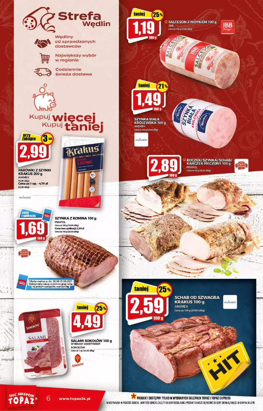 Gazetka promocyjna Topaz - Gazetka - ważna 26.08 do 01.09.2021 - strona 6 - produkty: Boczek, Fa, Gra, Krakus, Pekpol, Piec, Salami, Sok, Sokołów, Szynka, Top