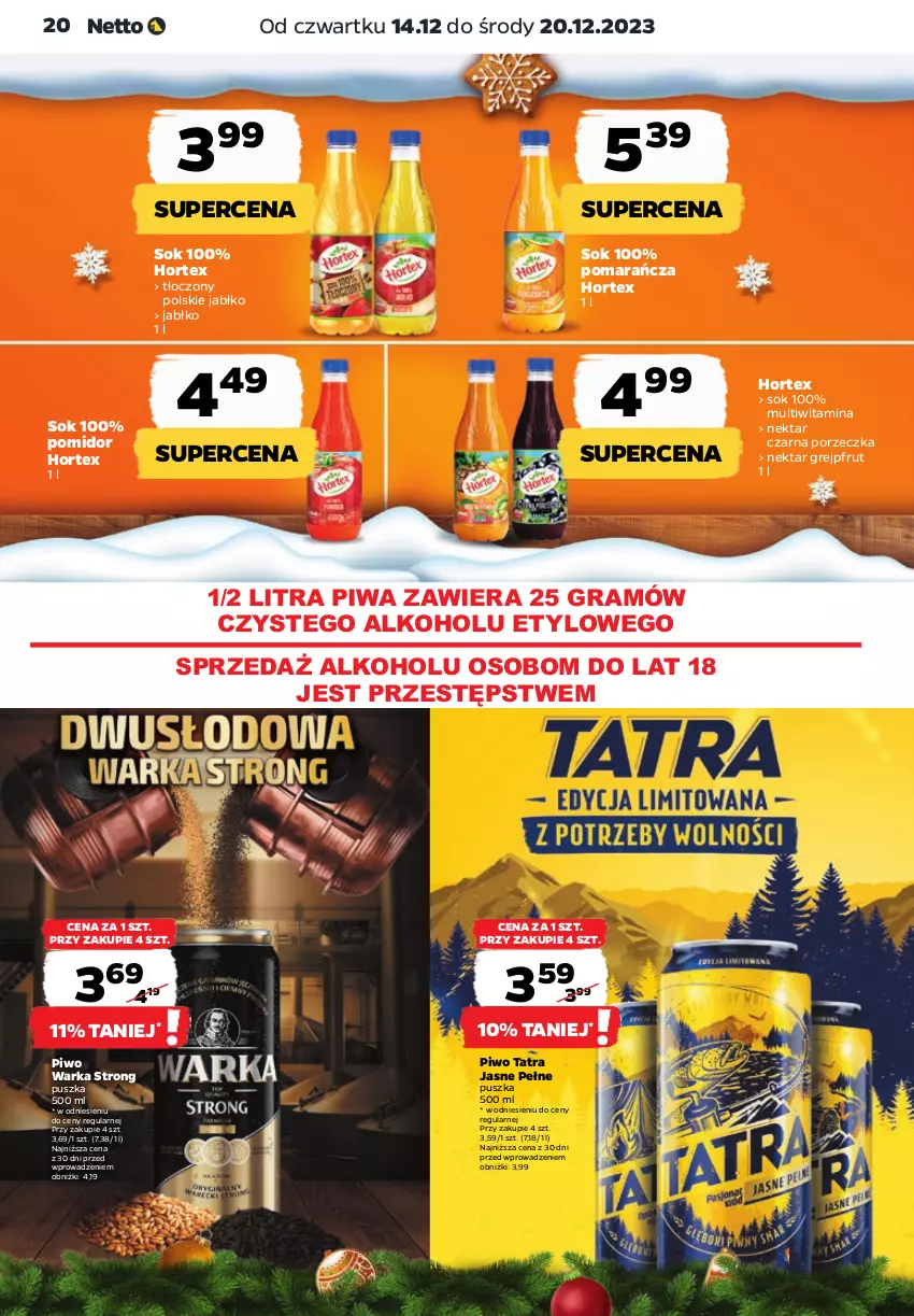 Gazetka promocyjna Netto - Artykuły spożywcze - ważna 14.12 do 20.12.2023 - strona 20 - produkty: Gra, Grejpfrut, Hortex, Nektar, Piwa, Piwo, Por, Sok, Tatra, Warka