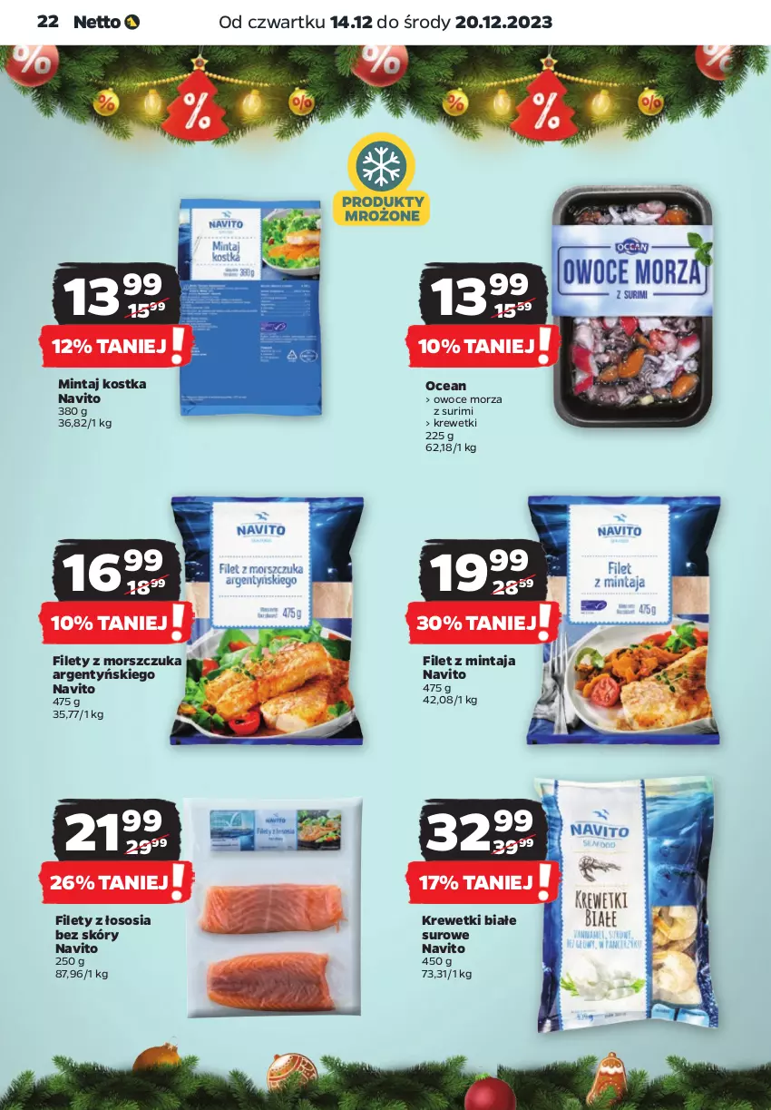 Gazetka promocyjna Netto - Artykuły spożywcze - ważna 14.12 do 20.12.2023 - strona 22 - produkty: Filet z mintaja, Krewetki, Mintaj, Owoce, Owoce morza, Sos, Surimi