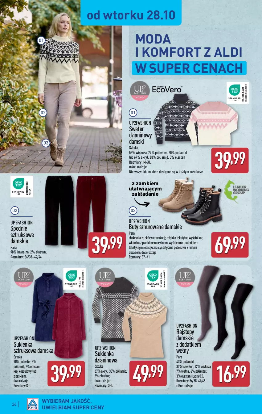 Gazetka promocyjna Aldi - Pełna oferta - ważna 27.10 do 01.11.2025 - strona 26 - produkty: Buty, Fa, Kosz, Moda, Rajstopy, Spodnie, Spodnie sztruksowe, Sukienka, Sweter, Top, Wełna