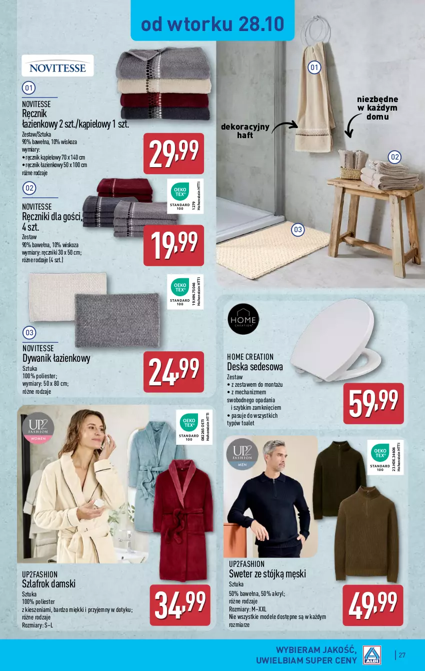 Gazetka promocyjna Aldi - Pełna oferta - ważna 27.10 do 01.11.2025 - strona 27 - produkty: Deska sedesowa, Dywan, Dywanik, Dywanik łazienkowy, Fa, Ręcznik, Ręcznik kąpielowy, Sweter, Szlafrok, Wełna