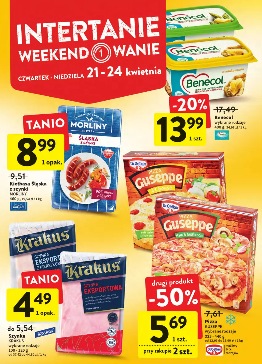 Gazetka promocyjna Intermarche - ważna 20.04 do 27.04.2022 - strona 4 - produkty: Benecol, Kiełbasa, Kiełbasa śląska, Krakus, Morliny, Pizza, Szynka