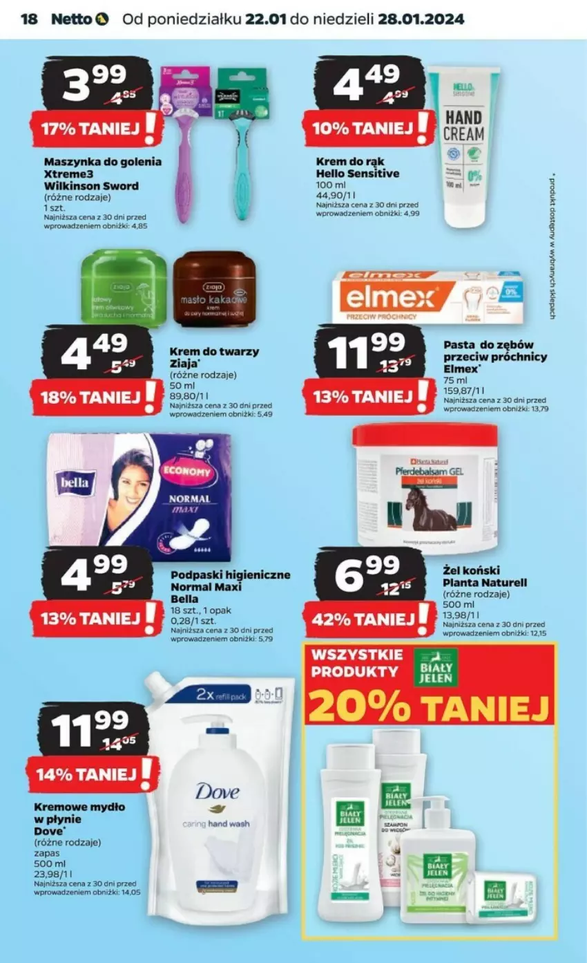 Gazetka promocyjna Netto - ważna 22.01 do 28.01.2024 - strona 10 - produkty: Bell, Bella, Dove, Elmex, Fa, Krem do rąk, Krem do twarzy, Maszynka, Maszynka do golenia, Mydło, Naturell, Pasta do zębów, Podpaski, Szynka, Wilkinson Sword, Ziaja