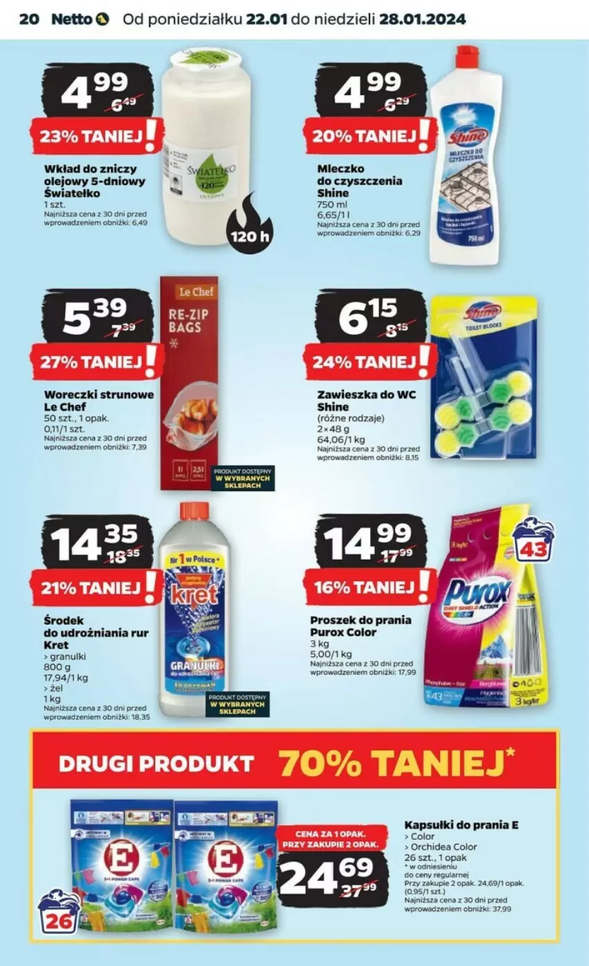 Gazetka promocyjna Netto - ważna 22.01 do 28.01.2024 - strona 13 - produkty: Gra, Kapsułki do prania, Kret, Mleczko, Olej, Proszek do prania, Pur, Zawieszka do wc, Znicz