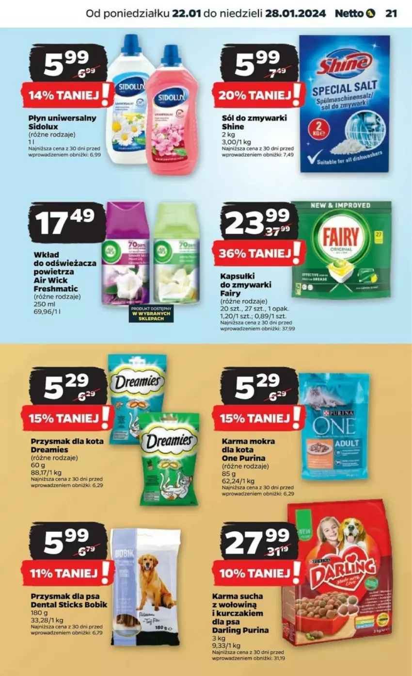 Gazetka promocyjna Netto - ważna 22.01 do 28.01.2024 - strona 14 - produkty: Air Wick, Fa, Fairy, Kurczak, Przysmak dla kota, Przysmak dla psa, Pur, Purina, Sidolux, Sól, Zmywarki