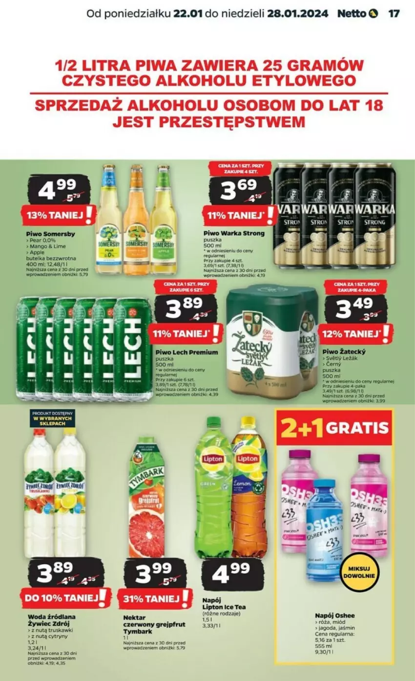 Gazetka promocyjna Netto - ważna 22.01 do 28.01.2024 - strona 9 - produkty: Cytryny, Grejpfrut, Ice tea, LANA, Lipton, Miód, Napój, Nektar, Oshee, Piwo, Róża, Somersby, Truskawki, Tymbark, Warka, Woda